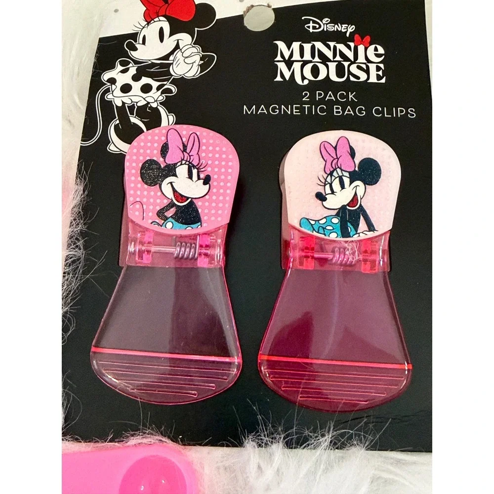 Disney Minnie Mouse Measuring Spoons and Magnetic Bag Clips 2 Pack Pink Set NEW